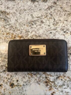 Michael Kors Dark Brown Logo Continental Wallet with Gold Plate